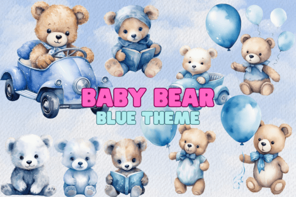 Download Watercolor Blue Baby Bear Clipart Bundle - Baby bear clipart Collection